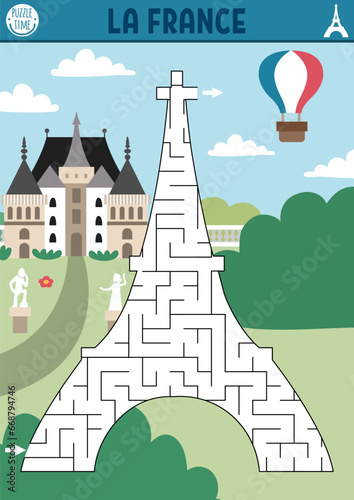 Maze for kids with Eiffel Tower. French preschool printable activity for children with main Paris landmark. Geometric labyrinth game or puzzle with France place of interest  scene  castle.