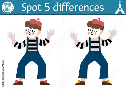 Find differences game for children. Educational activity with cute mime. Puzzle for kids with funny French character. Printable worksheet or page with traditional symbol of France.