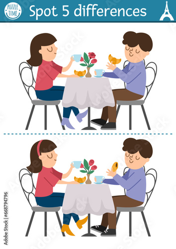 Find differences game for children. Educational activity with cute pair drinking tea with croissants. Puzzle for kids with funny French characters. Printable worksheet or page with France symbol.