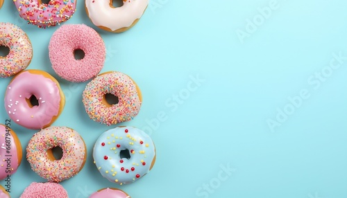 Some donut on the left, light blue background, with copy space top view. Delicious glazed donuts on white background, flat lay. Space for text Generative AI photo