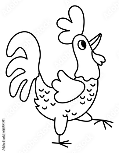 Rooster line icon. Domestic or farm bird vector black and white illustration. Cute cockerel character coloring page. French symbol picture.
