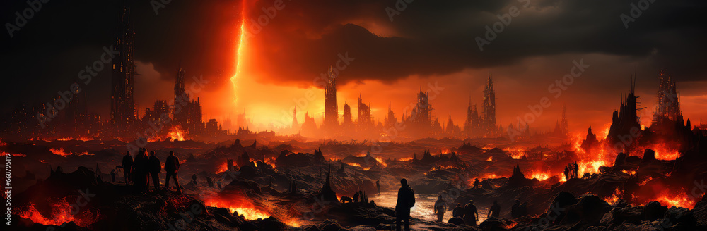 Naklejka premium Echoes of Civilization: The Stark and Haunting Beauty of a Post-Apocalyptic Urban Landscape - Generative AI