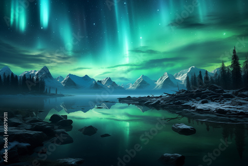 landscape with mountains and snow, Aurora view sky