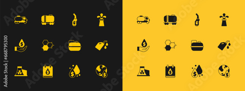 Set Oil rig, drop with dollar symbol, Canister for gasoline, Molecule oil, Gasoline pump nozzle, Tanker truck and railway cistern icon. Vector