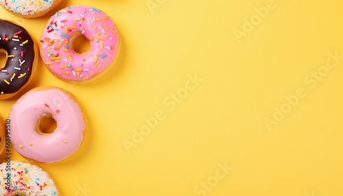 Wallpaper Mural Some donut on the left, light yellow background, with copy space top view. Delicious glazed donuts on white background, flat lay. Space for text Generative AI Torontodigital.ca