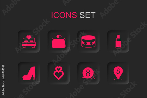 Set Heart, Handbag, Bedroom, 8 March in speech bubble, Lipstick, Gift box heart and Woman shoe icon. Vector