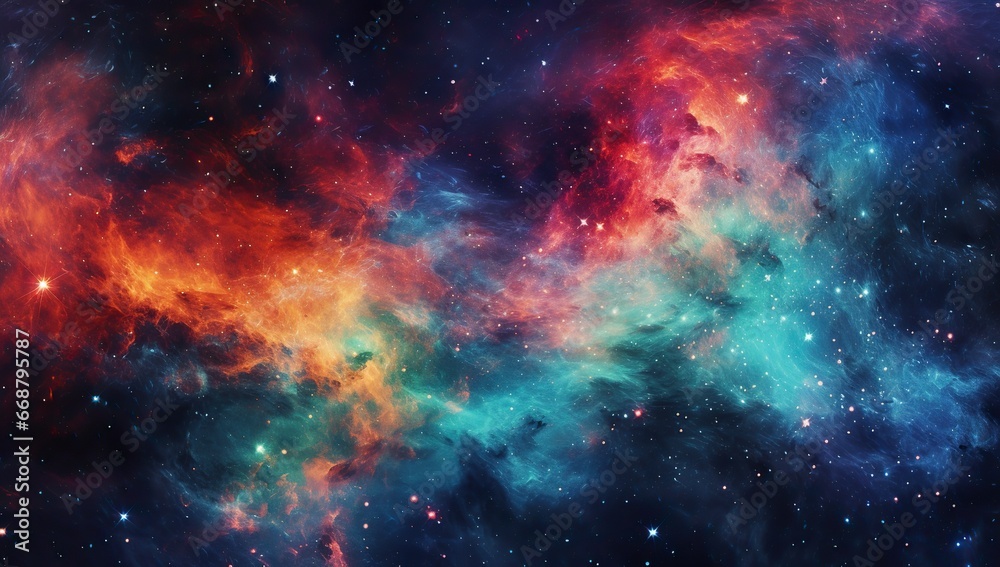 Cosmic cloud with bright stars and colorful nebulas. Abstract background and wallpaper.