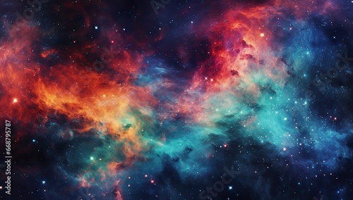 Cosmic cloud with bright stars and colorful nebulas. Abstract background and wallpaper. © volga