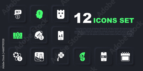 Set Online sports betting, Calendar, American football money, Hand holding casino chips, Stacks paper cash, Financial growth decrease, Lucky player and Casino slot machine with clover icon. Vector