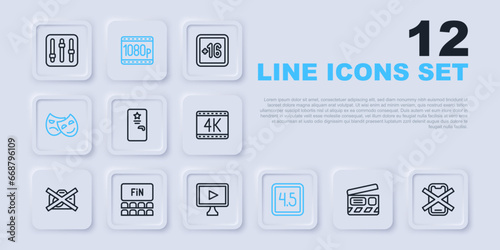 Set line Movie clapper, No cell phone, Backstage, Rating movie, Comedy and tragedy masks, Cinema auditorium with screen, Full HD 1080p and Online play video icon. Vector