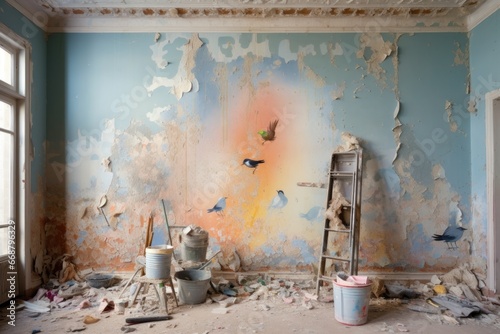 illustration of waiting for repairs in an apartment. Garbage, dust, dirt