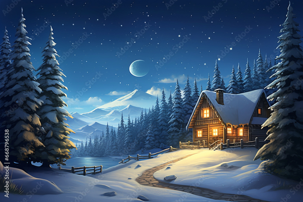 Winter Landscape with Cozy House