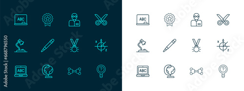 Set line Scissors, Earth globe, Medal, Molecule, Pencil with eraser, Teacher, Chalkboard and star icon. Vector