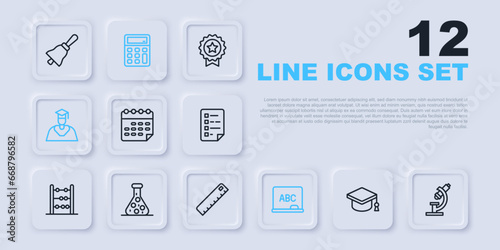 Set line Graduation cap, Microscope, School timetable, Chalkboard, Graduate and graduation, Test tube, Calculator and Ruler icon. Vector