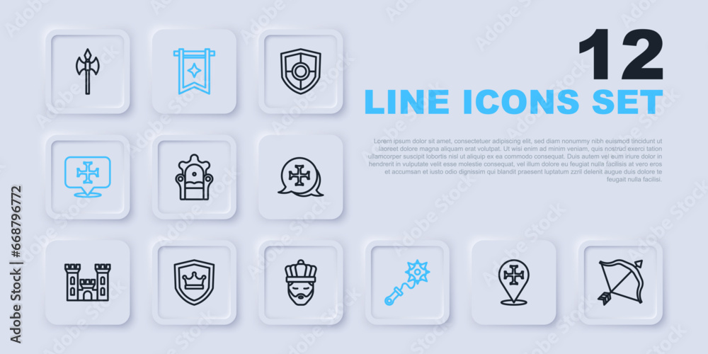 Set line Crusade, Medieval bow and arrow, throne, Mace with spikes, Shield crown, flag and King icon. Vector Set line Crusade, Medieval bow and arrow, throne, Mace with spikes, Shield crown, flag and King icon. Vector