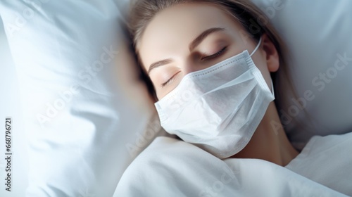 Photo of a beautiful woman wearing a medical mask. Health concept