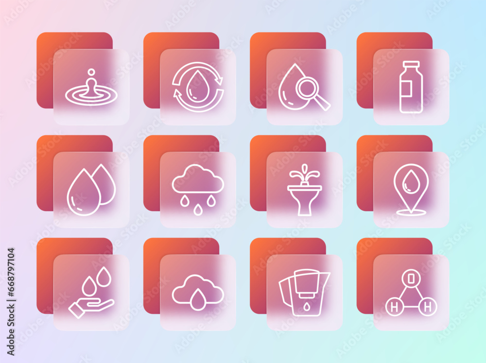 Set line Bottle of water, Cloud with rain, Fountain, Water jug filter, Drop and magnifying glass, drop and Recycle clean aqua icon. Vector
