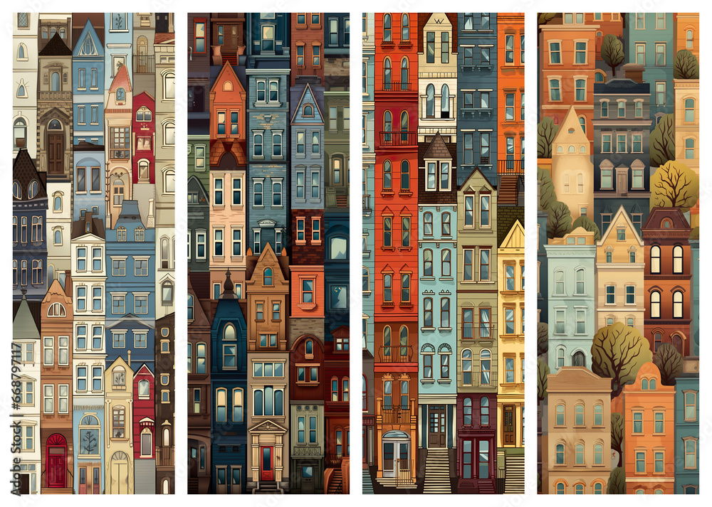 A set with four abstract images of a colorful seamless pattern illustration of rowhouses - e.g. for bookmarks