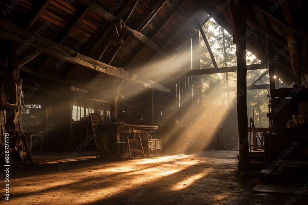 old abandoned building interior ,Sunlight shines in - obrazy, fototapety, plakaty 