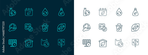 Set line Garbage bag, Eco friendly house, Trash can, Shopping with recycle, Electrical outlet, Recycle clean aqua, Recycling plastic bottle and Calendar autumn leaves icon. Vector