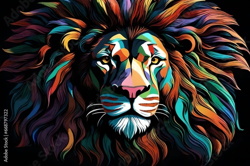 A multicolored lion s head on a black background. Generative AI