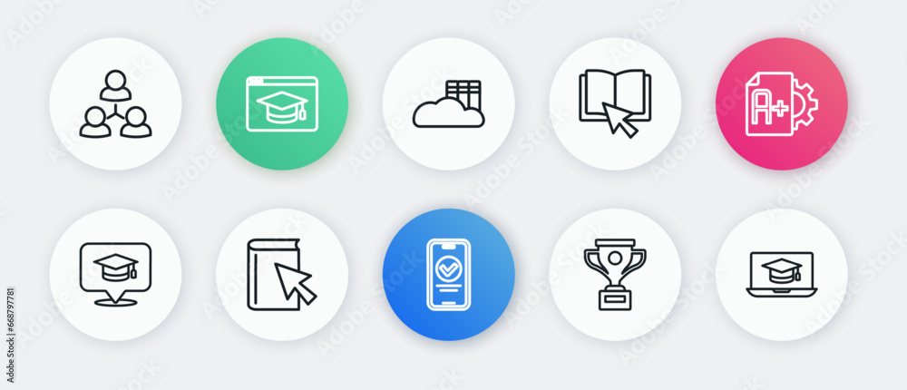 Set line Online quiz, test, survey, Exam sheet with A plus grade, Graduation cap speech bubble, Award cup, book, Cloud or online library, laptop and icon. Vector