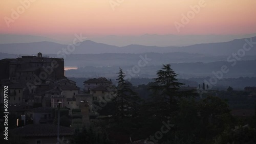 View of sunrise over Tuscan landscape and Chianciano Terme, Province of Siena, Tuscany, Italy
