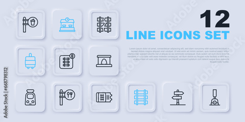 Set line Road traffic sign, Arrow for switching the railway, Online ticket booking, Railway, railroad track, Suitcase, Cafe and restaurant location, station and Train icon. Vector