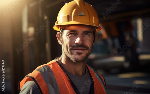 A smiling but tired construction worker in a yellow hard hat © piai
