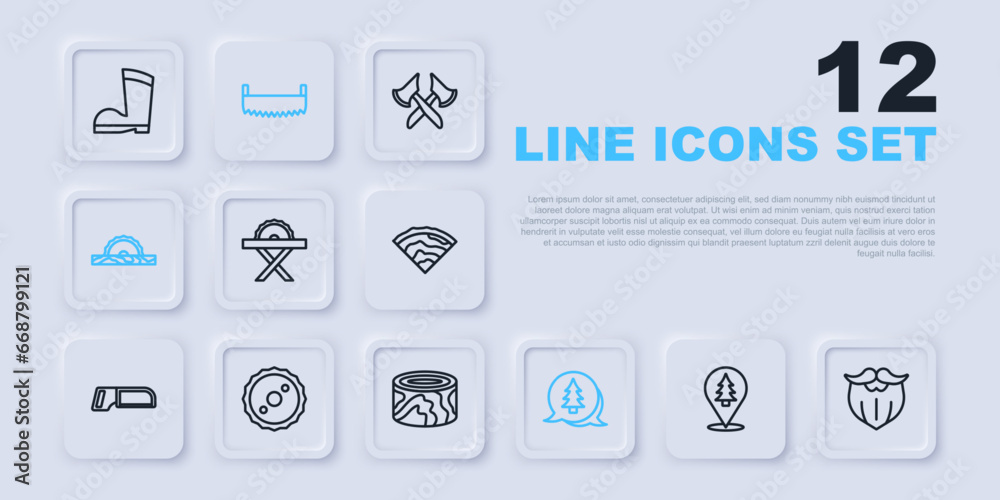 Set line Location of the forest, Mustache and beard, Electric circular saw, Tree, Circular blade, Two-handed and Wooden logs icon. Vector