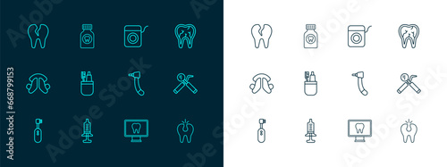 Set line Broken tooth, Syringe, Tooth drill, Online dental care, Toothbrush and toothpaste, Dental floss, and Toothache painkiller tablet icon. Vector