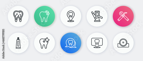 Set line Tooth, Dental mirror and probe, Tube of toothpaste, clinic location, Medical dental chair, Otolaryngological head reflector and whitening icon. Vector