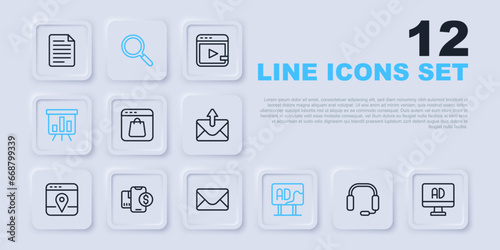 Set line Headphones, Advertising, Online shopping screen, Board with graph chart, Mobile dollar, Magnifying glass and Mail and e-mail icon. Vector