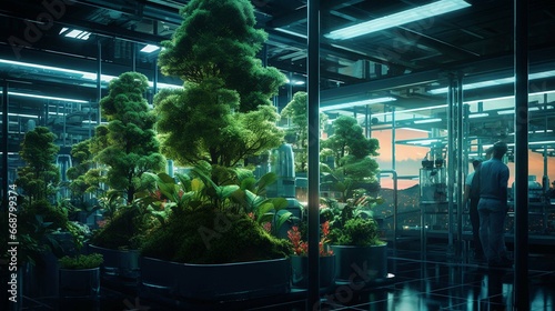 Hydroponic indoor vegetable plant factory in exhibition space warehouse. Interior of the farm hydroponics. Green salad farm. Lettuce Roman growing in greenhouse with led lightning.