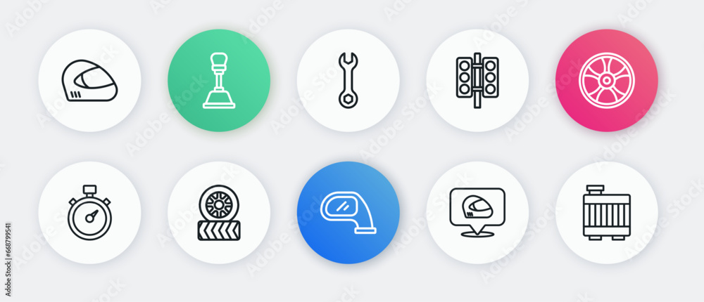Set line Car mirror, Alloy wheel for car, Stopwatch, Racing helmet, traffic light, Wrench spanner, radiator cooling system and tire icon. Vector Set line Car mirror, Alloy wheel for car, Stopwatch, Racing helmet, traffic light, Wrench spanner, radiator cooling system and tire icon. Vector