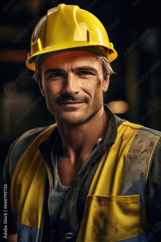 A smiling but tired construction worker in a yellow hard hat A smiling but tired construction worker in a yellow hard hat