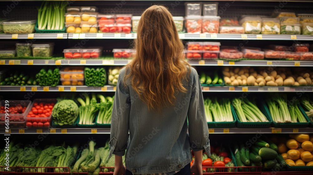 Highlight the impact of food price inflation with this portrait of a woman shopping for groceries, including fruits and vegetables, in a supermarket store aisle.