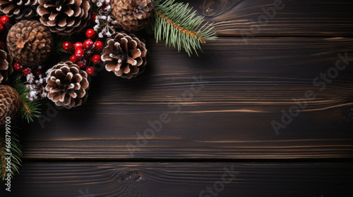 Christmas composition with cones  branches and berries on a wooden background with copy space  top view.