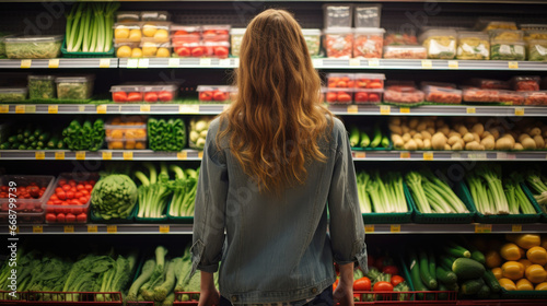 Highlight the impact of food price inflation with this portrait of a woman shopping for groceries, including fruits and vegetables, in a supermarket store aisle.