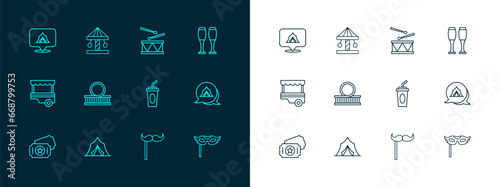 Set line Bowling pin, Circus tent, Paper glass with water, mustache on stick, Roller coaster, Drum drum sticks, and Attraction carousel icon. Vector