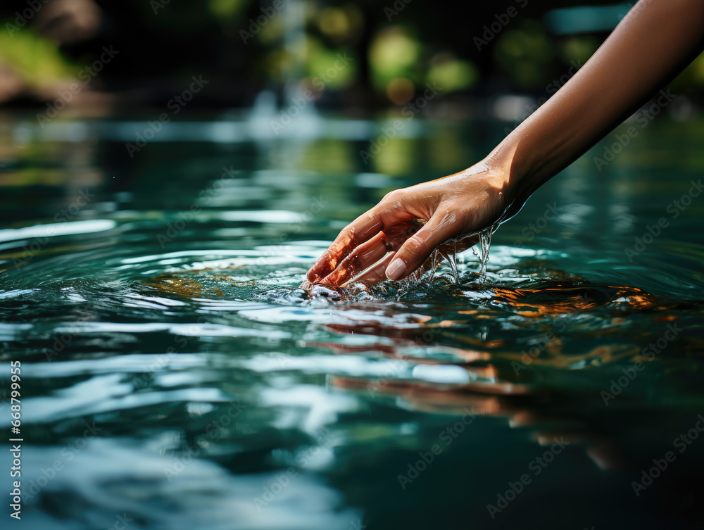 A delicate hand gently touches clear water, creating soft ripples and reflections under sunlight.