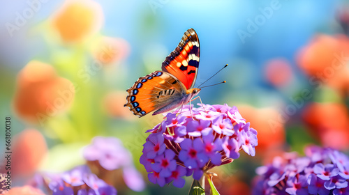 Brightly colored butterflies suck nectar from colorful flowers in a beautiful setting. © Classic
