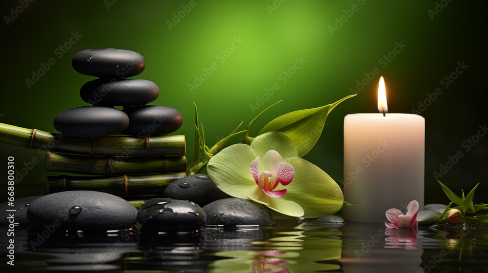 Tranquil Spa Scene with Candles, Flowers, and Beach Stones Reflecting on Water Tranquil Spa Scene with Candles, Flowers, and Beach Stones Reflecting on Water