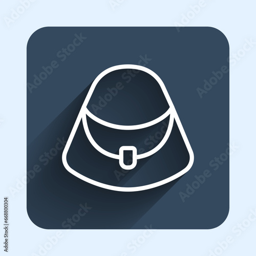 White line Handbag icon isolated with long shadow background. Female handbag sign. Glamour casual baggage symbol. Blue square button. Vector