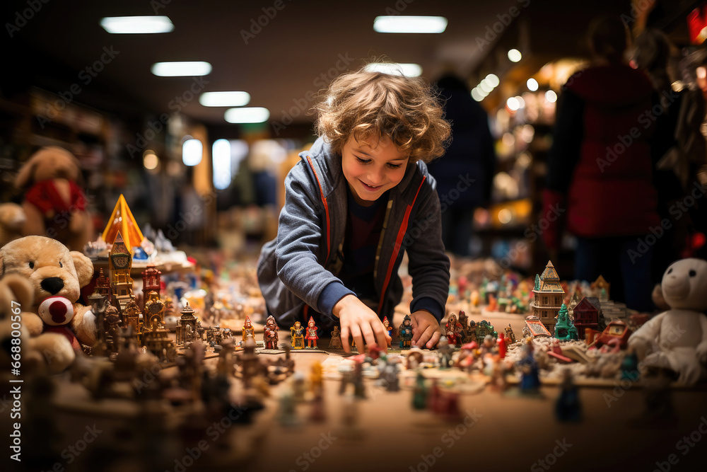 Delighted boy exploring detailed miniature toys on a wooden table in a bustling indoor market setting. Delighted boy exploring detailed miniature toys on a wooden table in a bustling indoor market setting.