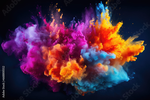 Vibrant colored powder explosion in closeup. Abstract dust on a backdrop with colorful bursts.