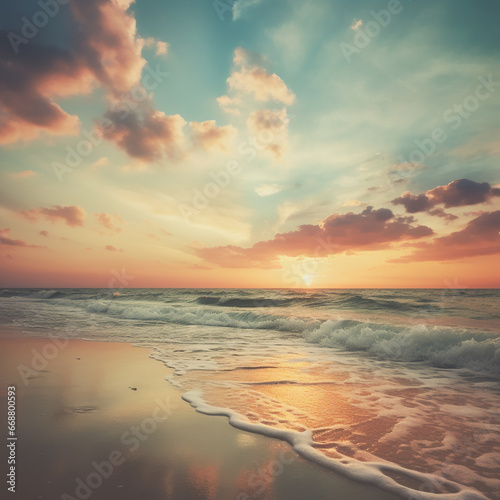 beach sunset with tropical leaves