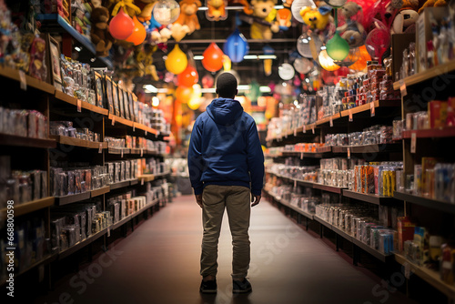 Back view of a young man browsing through a vibrant toy store aisle, surrounded by colorful merchandise. photo