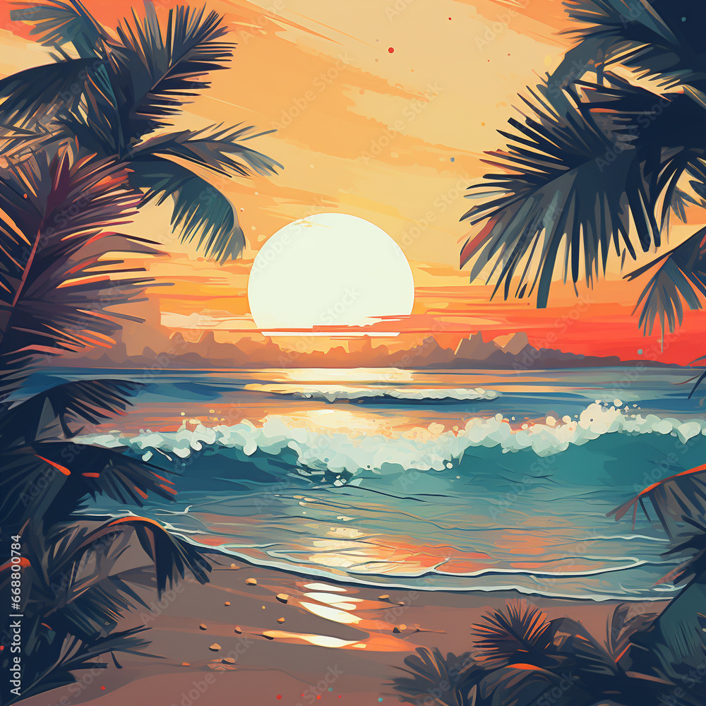 beach sunset with tropical leaves