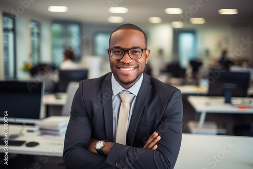 Photo, handsome cheerful African American businessman at his workplace in a spacious bright office